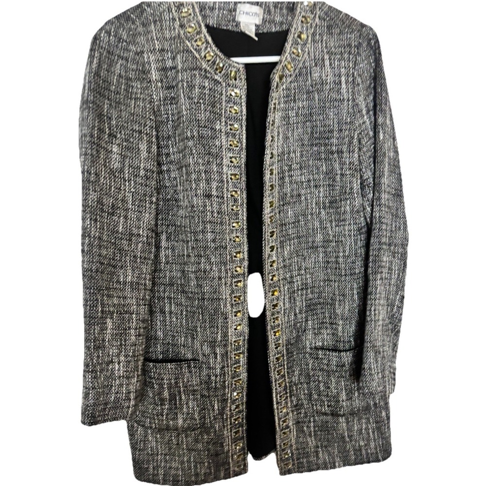 Chico's Textured Tweed Jacket Sz Small W/‎ Jewel Beaded Trim Open Front 3/4 Sl